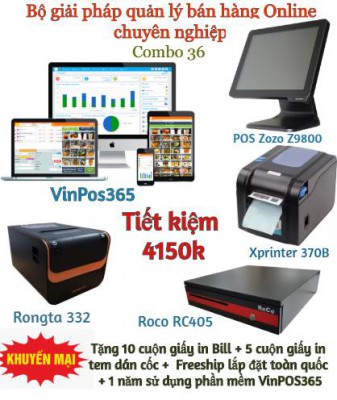 Combo 36. Trọn bộ máy + 2 năm sử dụng phần mềm VinPOS365 cho Shop cà phê, trà sữa, quán ăn, đồ ăn nhanh. Tặng thêm 1 năm sử dụng