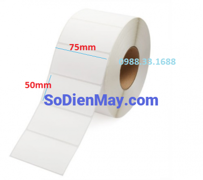 Decal nhiệt giấy in tem nhãn 75x50mm, cuộn 30m. 1 tem/hàng